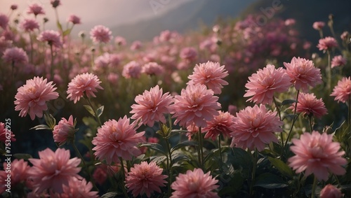 A vast field of pink dahlias fills the scene  with the flowers densely covering the landscape and showing varying orientations predominantly towards the right. 