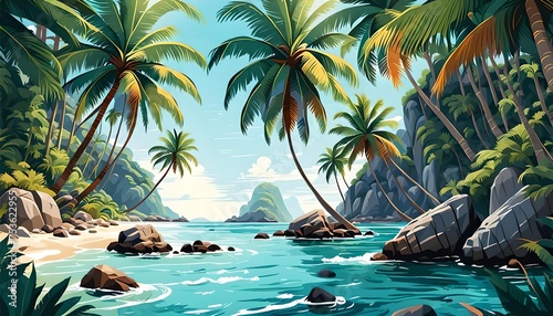 Tropical Sea beach background  landscape with sand beach  rocks  sea water edge and palm trees. Colorful art illustration  banner  wallpaper. 