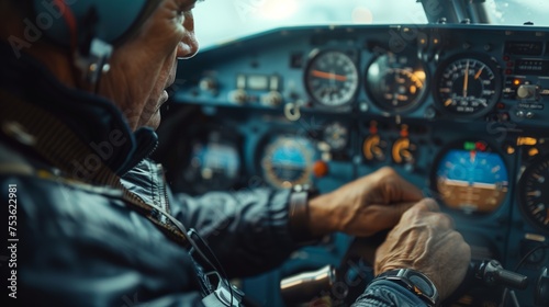 An experienced pilot with weathered hands makes precise adjustments to the cockpit controls of an aircraft.