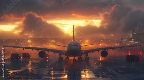 Passenger Airplane at Airport during Dramatic Sunrise. Passenger airplane awaits departure at an airport runway during a dramatic sunrise with clouds in the sky.