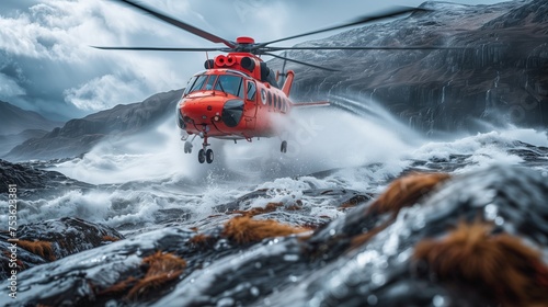 Helicopter Rescue. Red rescue helicopter engages in a daring operation above tumultuous ocean waves during a storm.
