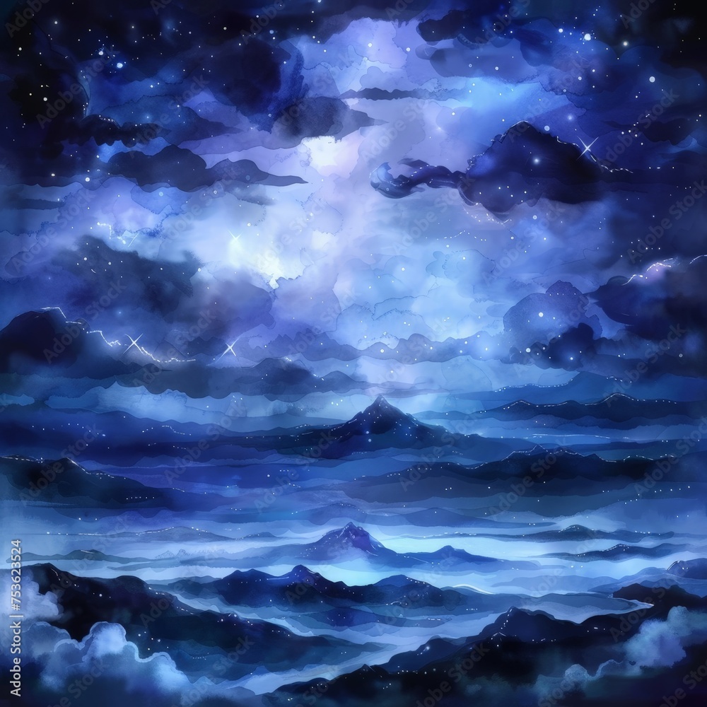 Mystical Night Sky with Stars and Gentle Mountains Tranquil Nature Art