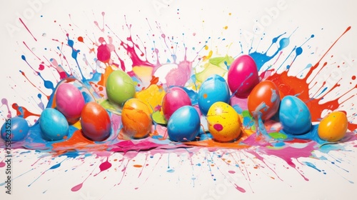 Colorful painted Easter eggs exploding with vibrant dye splatters