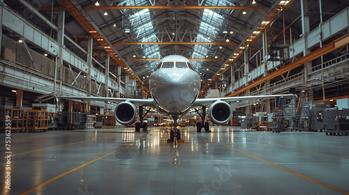 Airplane in Hangar. Frontal view of a commercial airplane positioned in an airport hangar for inspection or maintenance.