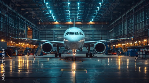 Airplane in Maintenance Hangar. Commercial airplane stands in a maintenance hangar, surrounded by bright lights and technical equipment.