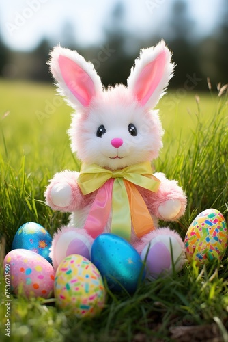 Plush Easter bunny with colorful eggs on grass in sunlight