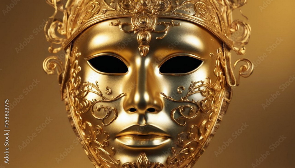The golden carnival mask. The masquerade. Holiday. Gilded shiny expensive unusual mask.