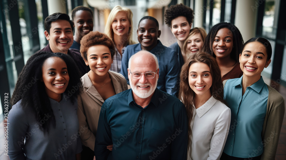 Diverse group of employees project team standing together in modern business building - group selfi portrait of cheerful and joyful young and senior employees colleagues