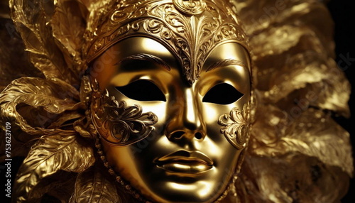 The golden carnival mask. The masquerade. Holiday. Gilded shiny expensive unusual mask.