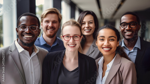 Diverse group of employees project team standing together in modern business building - group selfi portrait of cheerful and joyful young and senior employees colleagues