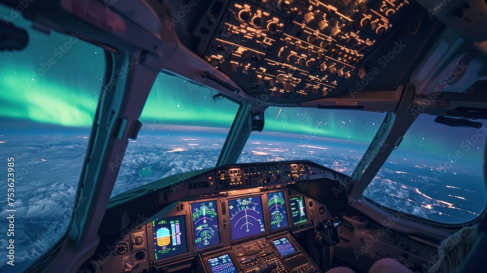 Fototapeta premium Beautiful northern lights view from a flying airplane.