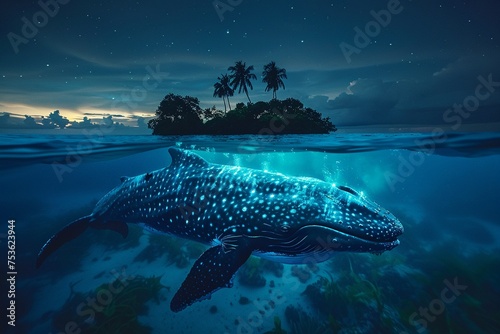 Editorial photography capturing a surreal scene of a neon whale gliding through waters lit by Noctiluca scintillans © momoland