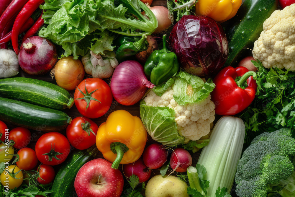 Background from fresh vegetables, top view. AI generative