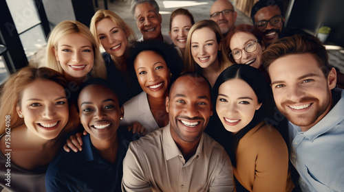 Diverse group of employees project team standing together in modern business building - group selfi portrait of cheerful and joyful young and senior employees colleagues