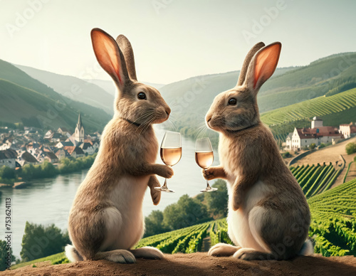 Ein Hasenpaar steht auf einer Anhöhe und trinkt weißen Wein. Im Hintergrund ein Fluß und Weinberge photo