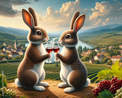 Herr und Frau Hase stoßen mit Rotwein an. Im Hintergrund eine Flußlandschaft mit Weinbergen und Häusern photo