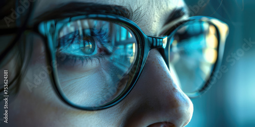 Close-up of Woman's Eye Through Glasses. Detailed view of young female eyes magnified behind glasses. © SnowElf