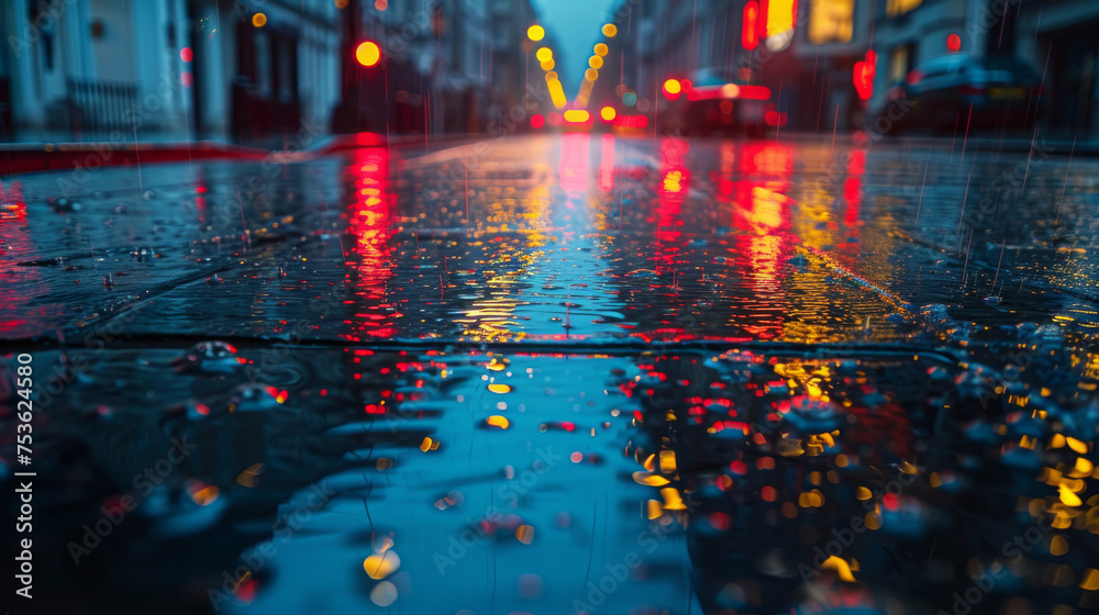 Obraz premium Wet Urban Beauty: Cityscapes Gleaming in Rainwater Reflections
