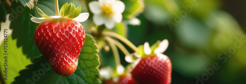 Closeup of ripe strawberries and strawberry flowers on bushes in a garden. Harvest on a strawberry bed. Juicy berries on a fruit plantation