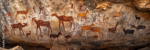 Prehistoric rock painting on ancient cave wall by caveman. photo