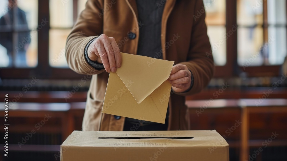 Hand drops a voting envelope ballot in box in vote Hand drops a voting envelope ballot in box in vote