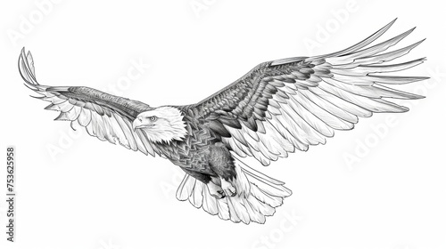 A bald eagle flying in sky in wild. Vector illustration art drawing.