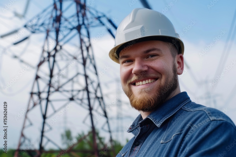 Smiling male electrical engineer in a hard hat with a high-voltage line behind him. AI generative Smiling male electrical engineer in a hard hat with a high-voltage line behind him. AI generative