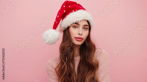 Festive Cheer: Young Woman with Santa Hat on Pink Background 