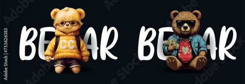 Two Stylish Cartoon Bears: One in a Trendy Jacket Holding Cash, Another in a Cozy Sweater - Vector Illustration for Urban Fashion