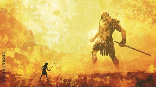 David and Goliath. Inspirational bible verse. Grunge photo