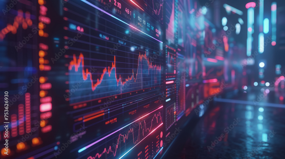 Futuristic digital stock market graph interfaces glow with a dynamic array of red and blue charts, histograms, and numbers against a dark, blurred background, symbolizing advanced financial analysis.