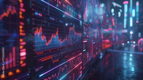 Futuristic digital stock market graph interfaces glow with a dynamic array of red and blue charts, histograms, and numbers against a dark, blurred background, symbolizing advanced financial analysis.