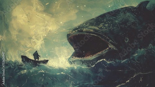 Jonah and the great fish. Inspirational bible verse. Grunge photo