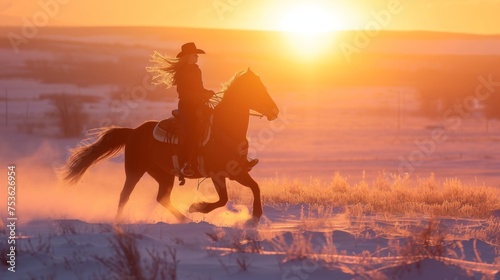 Cowgirl on horseback in wild rugged field in winter with snow. © Joyce