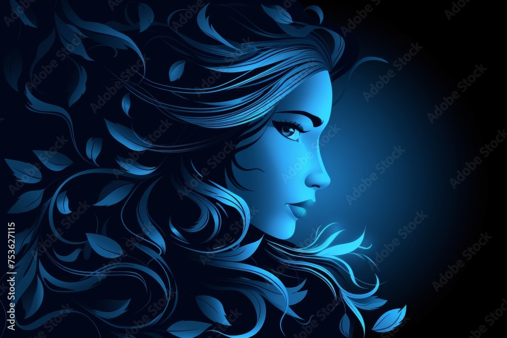 Virgo zodiac sign shining in blue color on black background, vector illustration