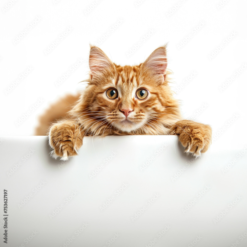 Cute ginger cat laying down holding white banner, copy space for the ad or discount banner
