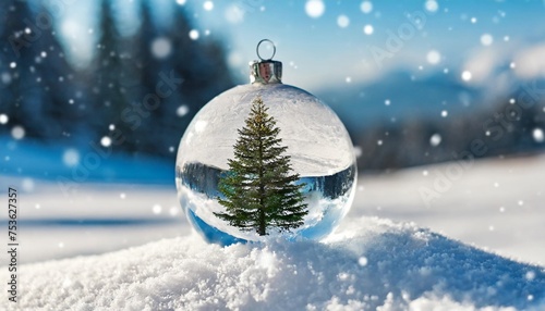 christmas glass ball with tree in it on winter background