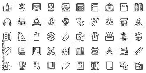 Line icons about education as school, subjects and school supplies. Editable stroke and pixel perfect.