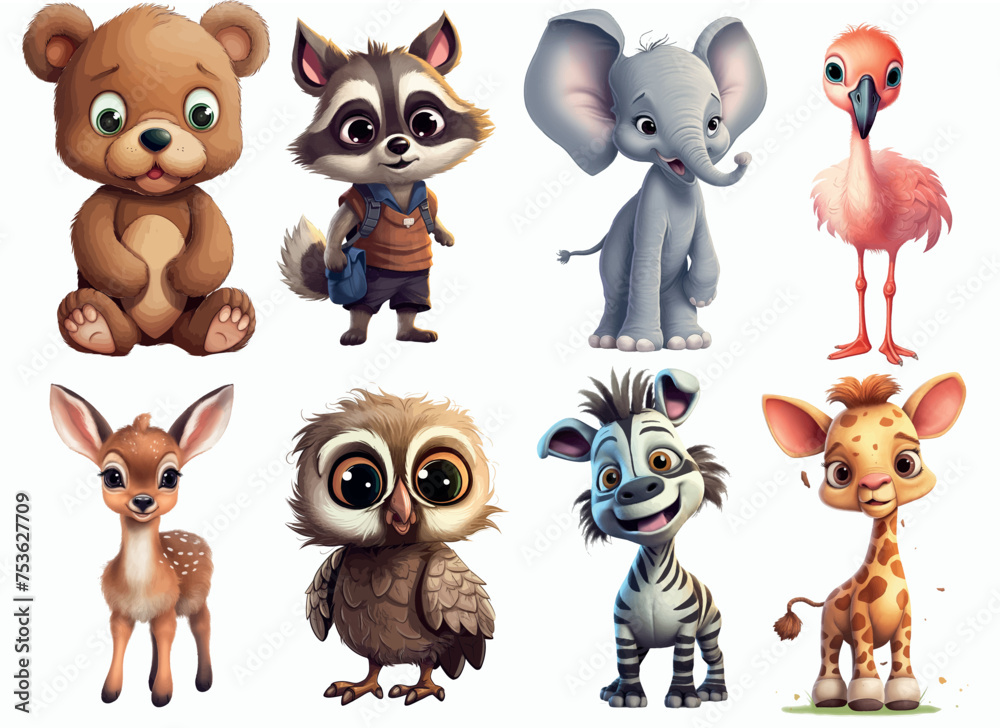 Adorable Collection of Eight Cartoon Baby Animals Including a Bear, Raccoon, Elephant, Flamingo, Deer, Owl, Zebra, and Giraffe