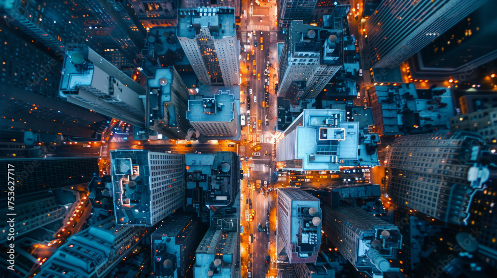 Aerial view of a bustling city at dusk with illuminated streets and dense building arrangement showcasing urban architecture and city life. - obrazy, fototapety, plakaty 