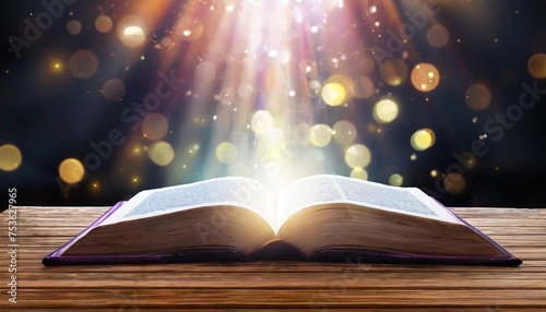 open book bible on wooden desk with mystic bright light fantasy light like holy spirit on black bokeh background magic poster 3d illustration
