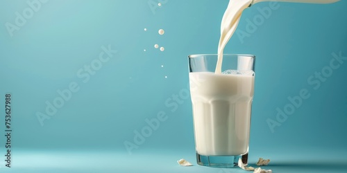 Pouring organic milk in glass on blue background photo