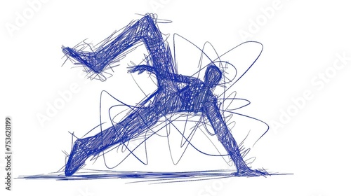 a blue ink ballpoint pen drawing of stick man break dancing