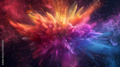 A vibrant explosion of colors resembling a cosmic event, showcasing intense hues ranging from deep purple to fiery orange against a dark, starry background.