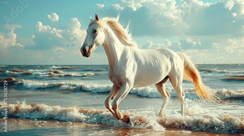 noble white horse with a long mane is galloping on the beach photo