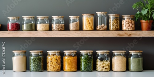 Zero waste kitchen storage: Glass containers for pasta and cereals on shelf.