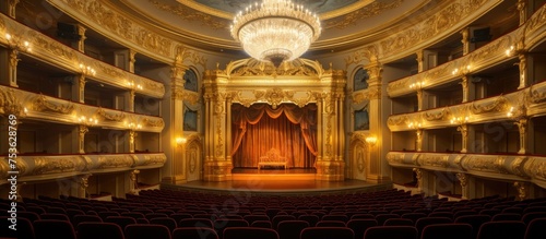 Interior of the Bolshoi Theatre showcases intricate gold trimmed walls and elegant chandeliers highlighting its historical significance