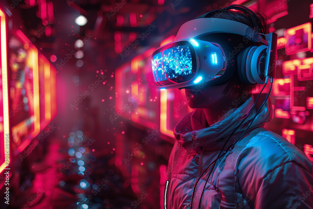 3D Virtual Reality Headset User in Virtual Game World 3D Virtual Reality Headset User in Virtual Game World