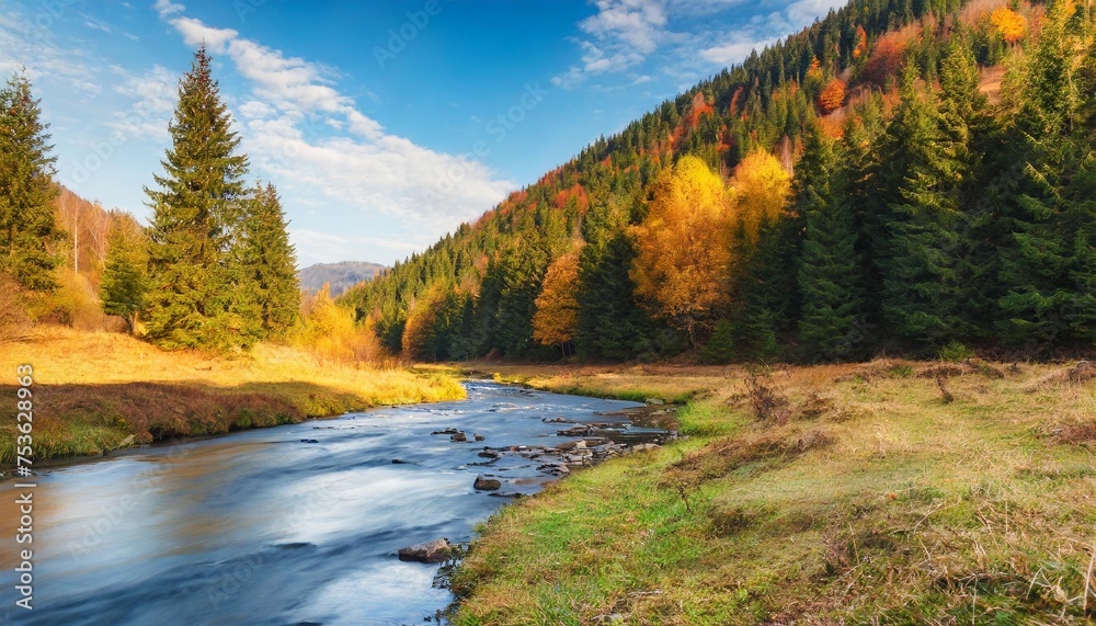 nature scenery with small river in autumn mountainous countryside landscape on a sunny afternoon spruce forest on the shore