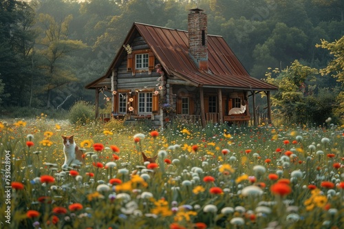 A rustic cottage nestled in a field of wildflowers